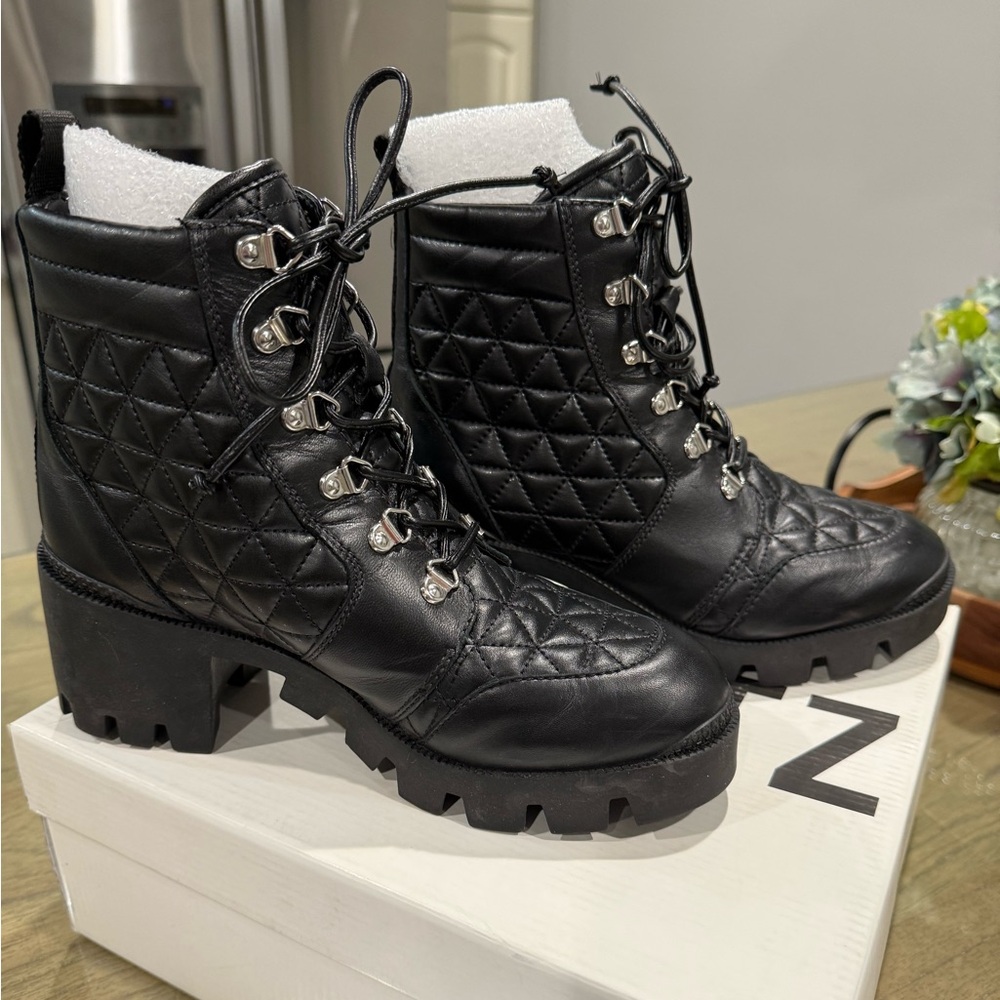 Schutz Cory Black Leather Quilted Combat Style Boots Woman’s Sz 6.5 NIB